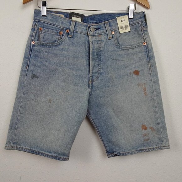 Levi's 501 Button Fly Shorts Men's Size 30 Blue Denim Stretch Paint Splatter - Picture 1 of 10